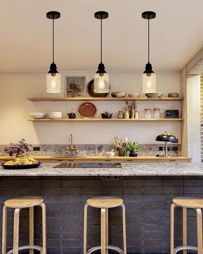 WILON Modern Glass Pendant Lights for Kitchen Island, 6.29" Mini Pandent Light Fixture with Seeded Glass Shade Black Farmhouse Pendant Lights E26 Base Hanging Kitchen Lights for Sink Dining Room