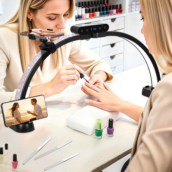 KIRKAS 24in Half Moon Light for Nail Desk with Phone Holder, Half Moon Lamp Adjustable Color Brightness, Arch Nail Tech Light with Display Screen for Manicure, Craft, Esthetician (Diamond,Black Small)
