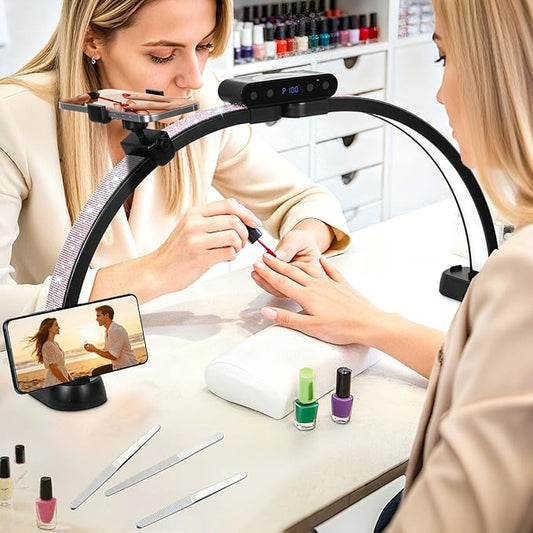 KIRKAS 24in Half Moon Light for Nail Desk with Phone Holder, Half Moon Lamp Adjustable Color Brightness, Arch Nail Tech Light with Display Screen for Manicure, Craft, Esthetician (Diamond,Black Small)