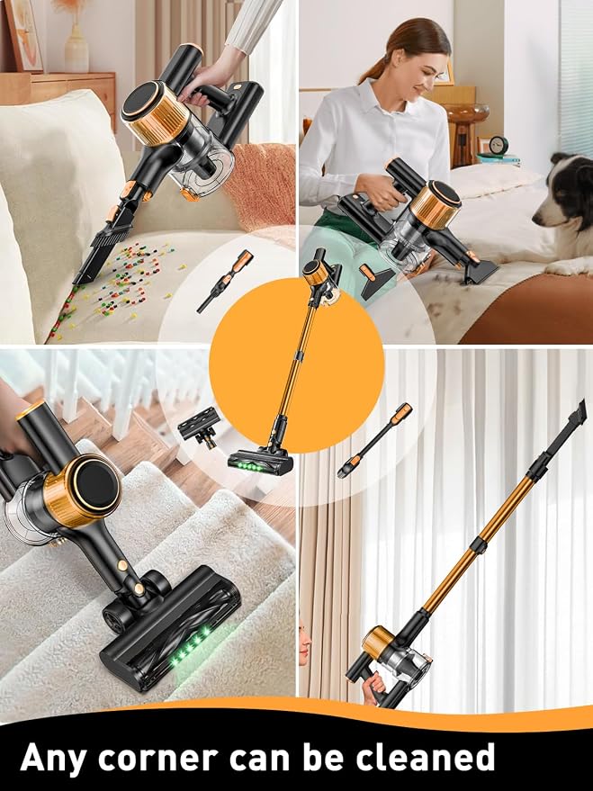 VICEASE Cordless Vacuum Cleaner, 8 in 1 Powerful Suction Lightweight Vacuum Cleaner for Home, LED Display, 3 Suction Modes, 45Mins Detachable Battery Vacuum for Hard Floor Carpet Pet Hair (Gold)