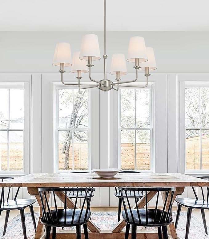 6-Light Brushed Nickel Chandelier with White Fabric Shades, E12 Base Modern Farmhouse Ceiling Light Fixture for Dining Room, Living Room, Bedroom, Kitchen, Foyer, Adjustable Hanging Rod.