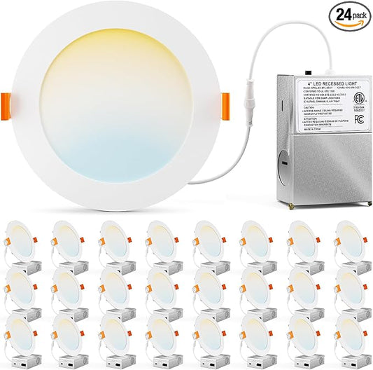 CHARKEE 24 Pack 4 Inch 5CCT Ultra-Thin LED Recessed Ceiling Light with Junction Box, 2700K/3000K/3500K/4000K/5000K, 750LM, 9W Equivalent to110W, Dimmable Canless Downlights, ETL & Energy Star & FCC