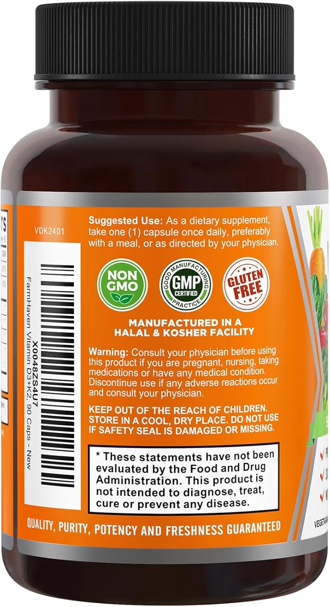 Capsules de Vitamine D3 K2 FarmHaven - 5000 UI D3 et 100 mcg K2 - Cholecalciférol MK7 avec Mélange de Fruits et Légumes - Supplément de Vitamine D K2 pour le Système Immunitaire et la Santé Cardiaque - Végétarien, Sans OGM, 90 Gélules