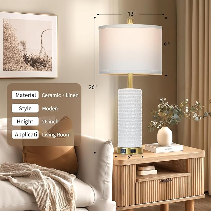Cinyirong 26" White Table Lamps for Living Room Set of 2, Ceramic Bedroom Lamps for Nightstands, Modern Bedside Lamps for Bedroom Living Room, Nightstand Lamps for End Table, Hallway, Gold and White