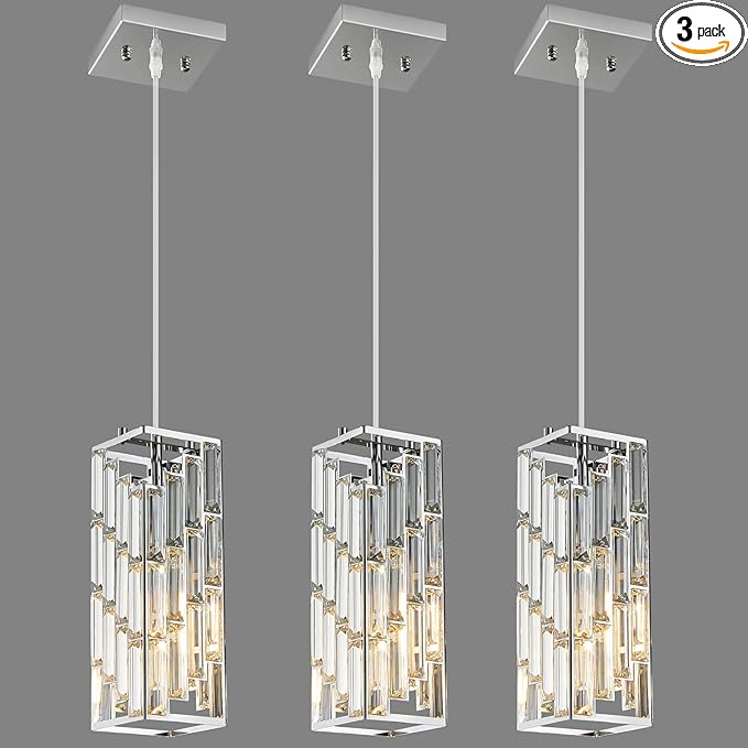 Chrome Pendant Lighting Modern Pendant Light, Mini Crystal Chandeliers,Adjustable Pendant Light Fixture for Kitchen Island Dinning Room Bedroom (3 Pack)
