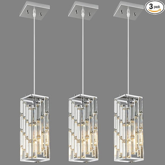 Chrome Pendant Lighting Modern Pendant Light, Mini Crystal Chandeliers,Adjustable Pendant Light Fixture for Kitchen Island Dinning Room Bedroom (3 Pack)