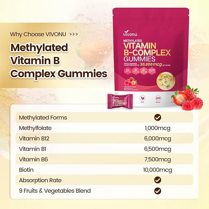 Gummies de Complexe de Vitamines B VivoNu, 6000 mcg de Vitamine B12 Méthylée, avec B6 B1, B2, B3, B5, B7, Méthylfolate, Vitamines A C D E, Véganes, Sans OGM, Vitamine B Complexe Méthylée (2 Sacs)