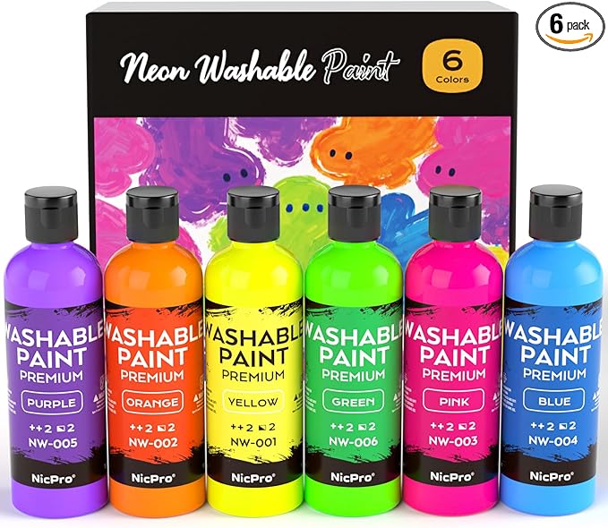 Nicpro 6 Colors Fluorescent Washable Paint Set for Kid (4 oz, 120ml), Glow in the Black Light, Non Toxic Neon Tempera Paints for Art, Craft DIY, Poster & Finger Paint, School, Home, Classroom, Party
