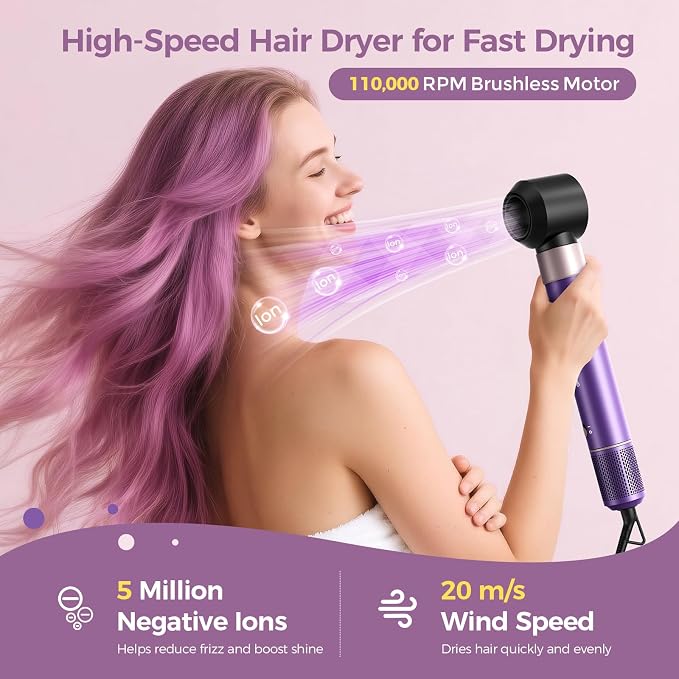 Vincofy 7 in 1 Blow Dryer Brush Set – Hot Air Styler for Fast Drying, Curling, Straightening & Volumizing – Ionic Hair Dryer Brush with 1500W Power – No Heat Damage for All Hair Types – Lilac