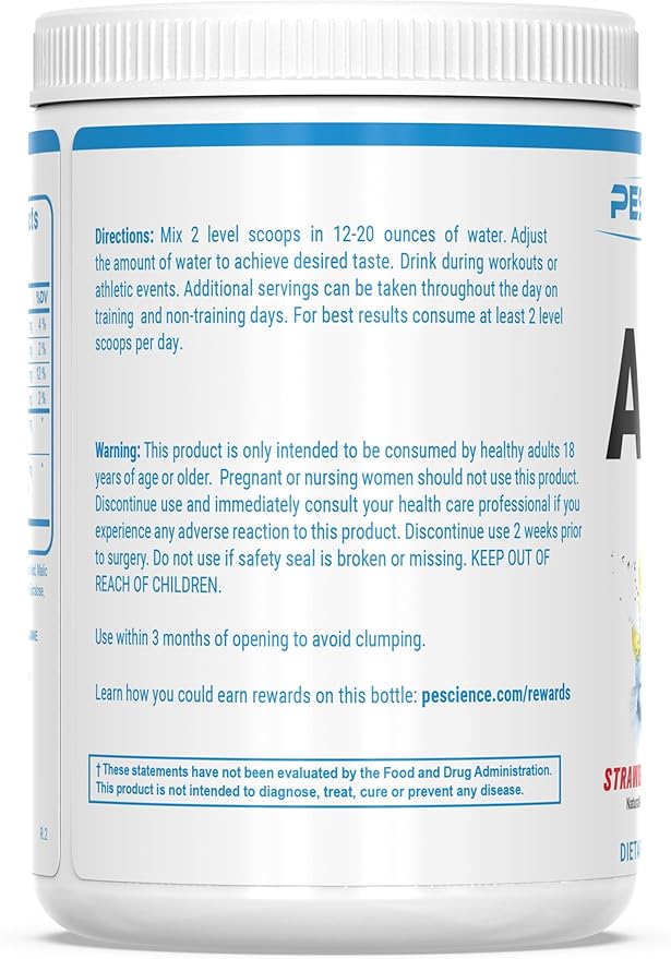 PEScience Amino IV BCAA & EAA Powder, Essential Amino Acids, Taurine, Electrolytes for Hydration and Muscle Recovery, Sugar Free for Men & Women, Post Workout - Strawberry Lemonade, 30 Servings