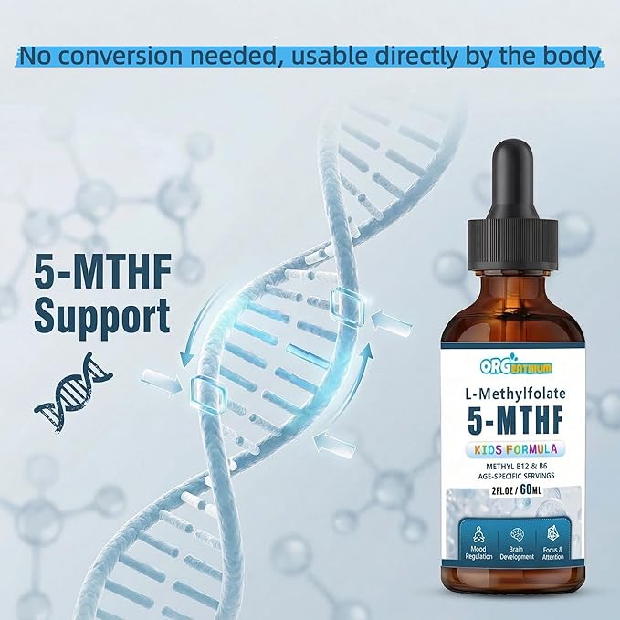 Kids L-Methylfolate B12 Drops 5-MTHF, Active Methylated B9 & B12 Supplement for Children, Supports Cognitive Brain Focus, Mood & Energy - Bioavailable Liquid Formula - Natural Flavor