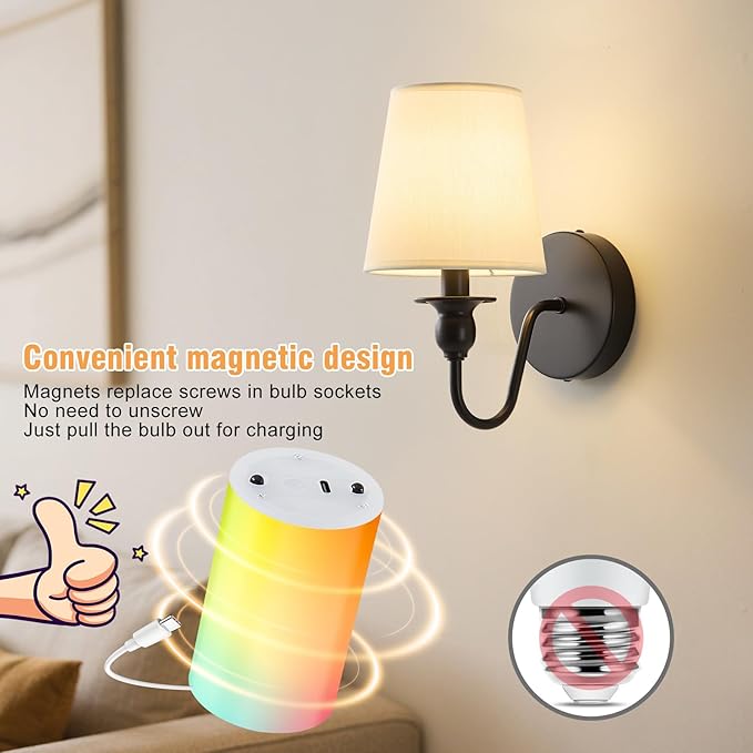 Battery Operated Wall Sconce Set of 2,Wireless Wall Sconces with 10000 mAh,RGB Rechargeable Sconces with Remote,Cordless Wall Lights for Bedroom,Living Room,Bathroom,Renter Friendly Home Decor (Black)