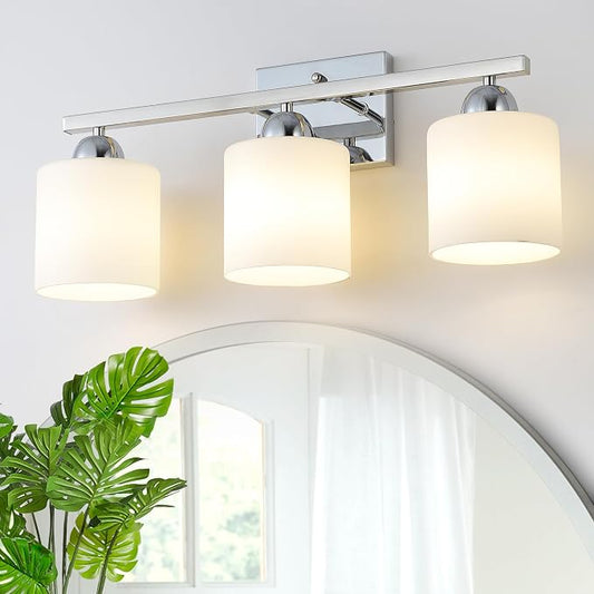 Mecgirn Stainless Steel Milk Glass Vanity Lights for Bathroom, 3 Light Chrome Bathroom Light Fixtures Over Mirror, Ceramic E26 Sockets Wall Mounted