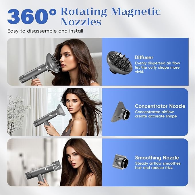 Natrial Ionic Professional Hair Dryer with Diffuser for Curly Hair,1600W&110000RPM High Speed Blow Dryer for Women,Fast Drying,Lock Function,Low Noise,Lightweight for Home Travel Salon,Grey