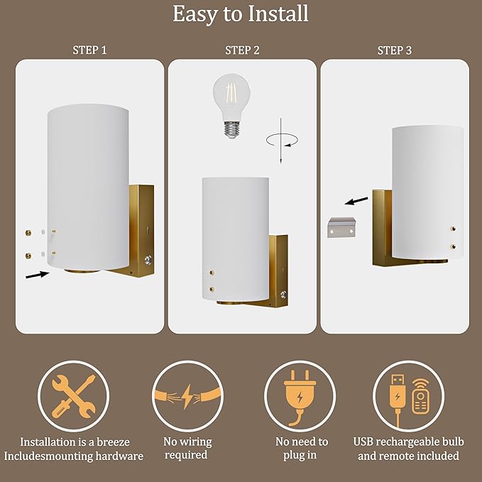 Morauroral Gold Modern Battery Operated Wall Sconce, Rechargeable Wall Sconce with Dimmable Remote, Indoor Wall Lights Warm Light for Living Room Bedroom with White Shade (Bulbs Included)