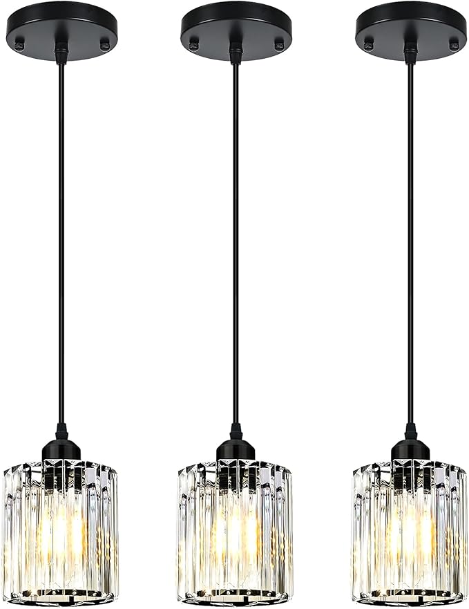 3 Pack Pendant Lights Kitchen Island, Modern Island Lights for Kitchen with Crystal Glass Shade – Luxury Pendant Light Fixtures for Kitchen Island, Dining Table, Entryway, Restaurant