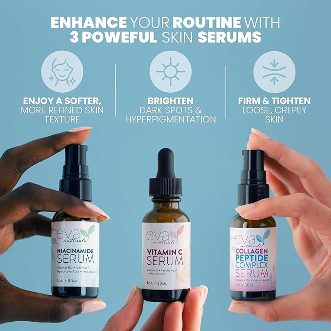 Eva Naturals ファーム＆グロー美容液バンドル – ビタミンC、ペプチド、ナイアシンアミド美容液 – シワ、輝き、毛穴、保湿のためのエイジングケアフェイス美容液セット – コラーゲンブースティングスキンケアルーチン