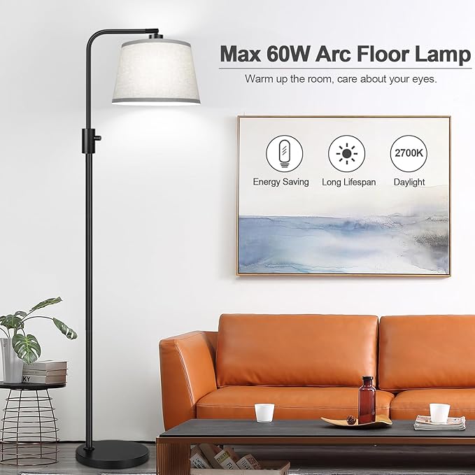 【Upgraded】 Dimmable Floor Lamp, 1000 Lumens LED Edison Bulb Included, Arc Floor Lamps for Living Room Modern Standing Lamp with Gray Shade, Tall Lamps for Living Room Bedroom Office Dining Room