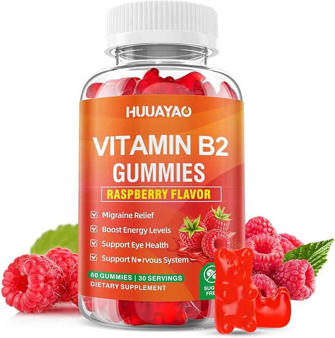 Gummies Vitamine B2, Supplément de Riboflavine avec Magnésium pour Enfants et Adultes, Gummies B2 pour le Soulagement de la Migraine et le Soutien du Système Nerveux, Végan, Sans Sucre, Saveur Framboise, 60 Comprimés