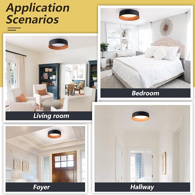 Bargeni Kitchen Flush Mount Ceiling Light, Black Wood Ceiling Light Fixture | 13" ETL-listed dimmable 18W LED ceiling light with 3000K warm white glow, ideal for kitchen, bedroom and hallway lighting