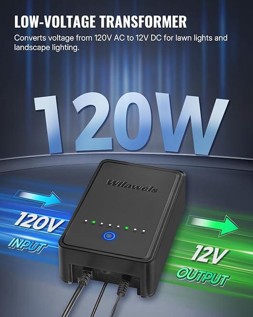 120W Low Voltage Landscape Transformer, Weatherproof Outdoor Low Voltage Transformer, 120V AC to 12V DC, Landscape Lighting Transformer with Timer and Photocell Sensor, ETL Listed A03LT06