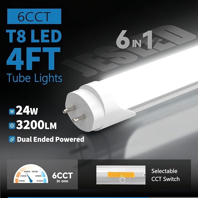 T8 LED Bulbs 4 Foot, LED Tube Lights 4ft Type A+B, 24W, 3200LM, 6 CCT(3000K-6500K) Plug and Play or Ballast Bypass, Fluorescent Light Bulb 48 Inch T10 T12 Tube Replacement, Dual-Ended, Frosted, 2 Pack