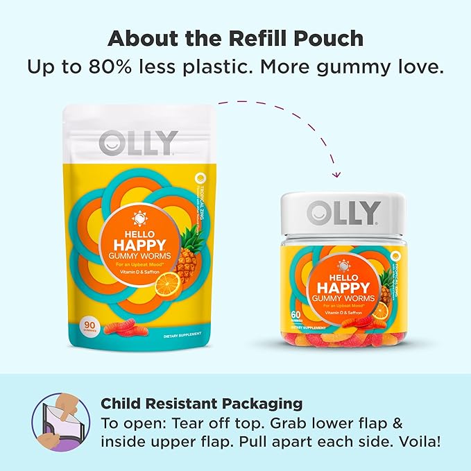 OLLY Hello Happy Gummy Worms, Soutien à l'équilibre de l'humeur, Vitamine D, Safran, Complément à croquer pour adultes, Sans gluten, Tropical Zing - 90 unités