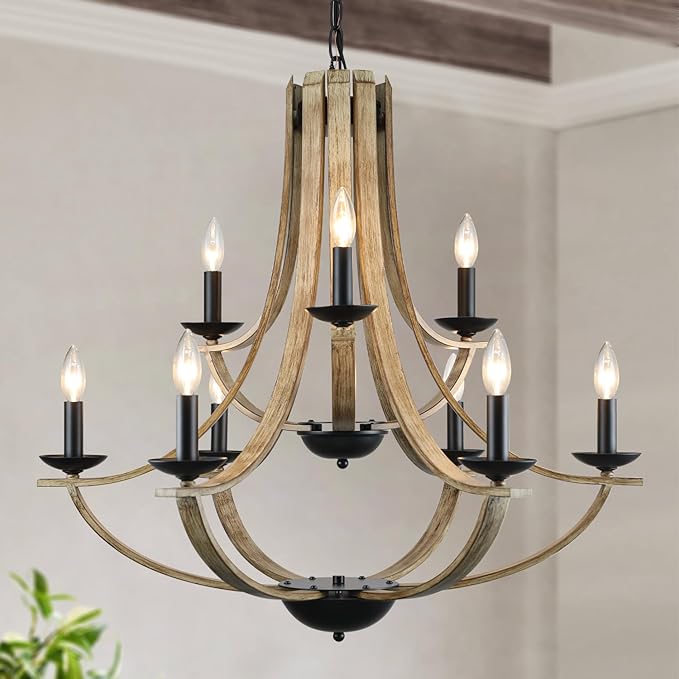 LAMPKEDUO Farmhouse Chandeliers for Dining Room Light Fixture, 9-Light 31" Adjustable Height Retro Faux Wood Texture Rustic Light Fixtures for Living Room Bedroom Kitchen Island Foyer Entryway