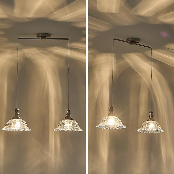 HDDFL 2 Light Pendant Light Fixtures Modern Glass Hanging Lights with Adjustable Cord for Kitchen Island Dining Room Living Room Hallway Brushed Nickel Metal