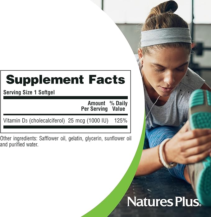 NaturesPlus Vitamin D3 1000 IU - 180 Softgels - Bone Strength & Immune Support - 180 Servings