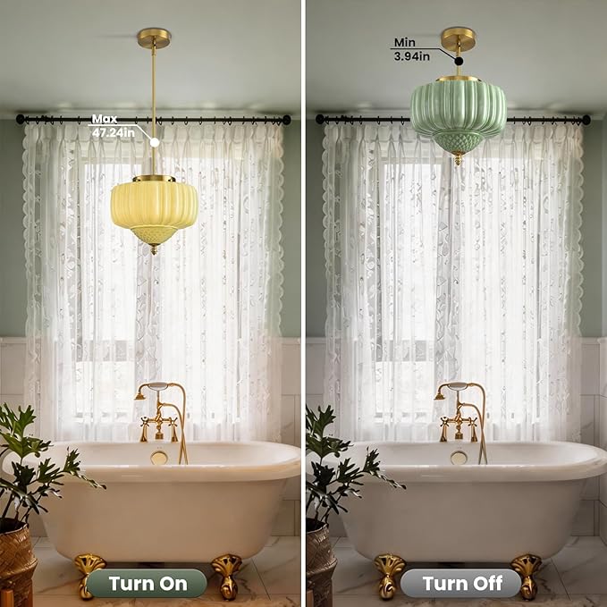 Green Glass Pendant Light, 11.8 inch Pendant Light Fixture with Floral lampshade, Height Adjustable Brushed Gold Vintage Hanging Lamp for Dining Room Kitchen Island Bedroom Living Room Entryway