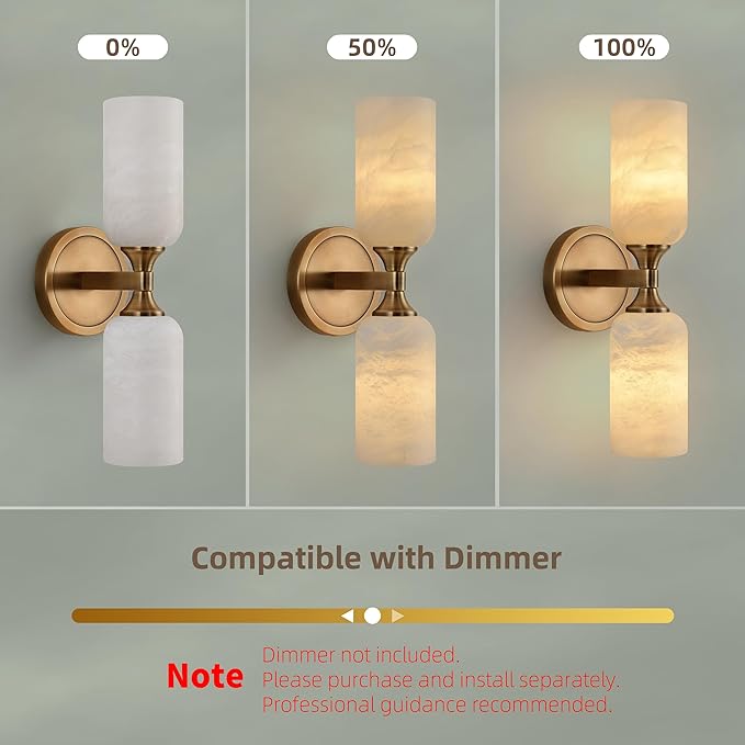 Alabaster Wall Sconce, Solid Brass Sconce with Natural Spanish Alabaster, 14.4 in Vanity Lights for Bathroom, Hardwired Wall Lamp for Bedroom Staircase Hallway, G9 LED Bulb, Set of 2