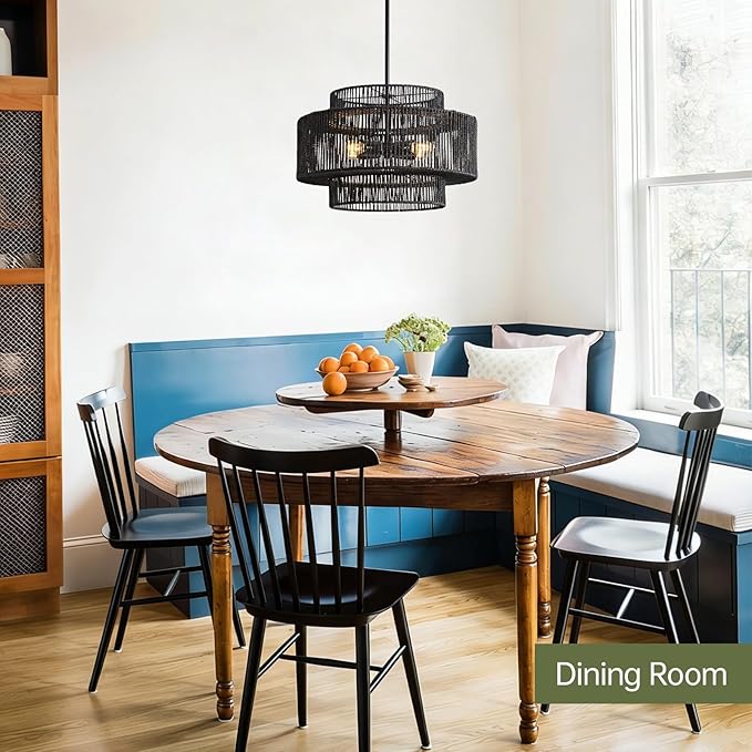 4-Light Black Boho Rattan Chandelier for Dining Room, 17.7” Hand Woven Pendant Light Fixture, Coastal Wicker Hanging Ceiling Light for Kitchen Island Living Room Bedroom Entryway Foyer