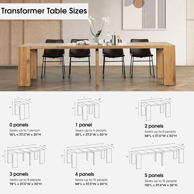 Transformer Table - Solid Wood Extendable Dining Table, Seats 2-12, Expandable Dining Room Table, Space-Saving Furniture, Kitchen and Dining Room Furniture (Natural, Table + Bench)