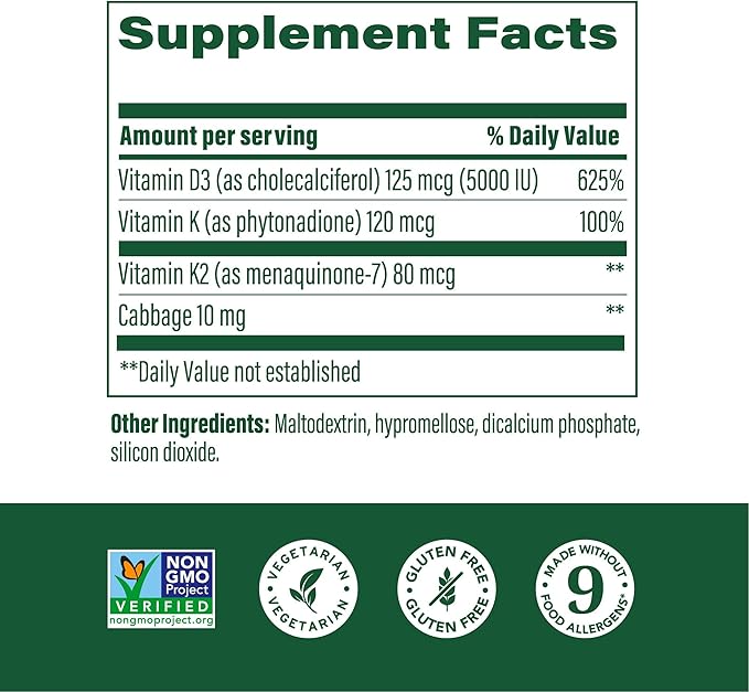 MegaFood Vitamine D3 5000 UI (125 mcg) - Compléments Végétariens avec Vitamine D3 K2 - Soutient les Os, les Dents, les Muscles et la Santé Immunitaire - Certifié Sans OGM - 60 Mini Capsules, 60 Doses (Lot de 2)