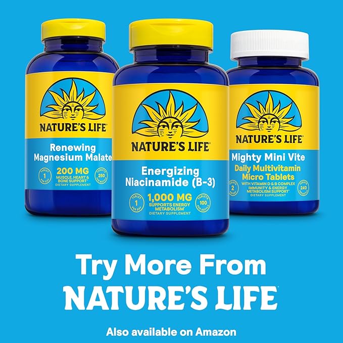 Niacinamide énergisante Nature's Life, vitamine B3 1000 mg - Complément de niacine à haute puissance, sans rougeurs - Soutien de la fonction nerveuse, de l'énergie et du métabolisme - Garantie de 60 jours - 100 portions, 100 comprimés