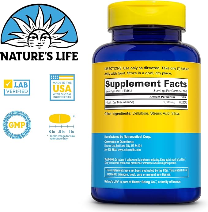 Niacinamide énergisante Nature's Life, vitamine B3 1000 mg - Complément de niacine à haute puissance, sans rougeurs - Soutien de la fonction nerveuse, de l'énergie et du métabolisme - Garantie de 60 jours - 100 portions, 100 comprimés