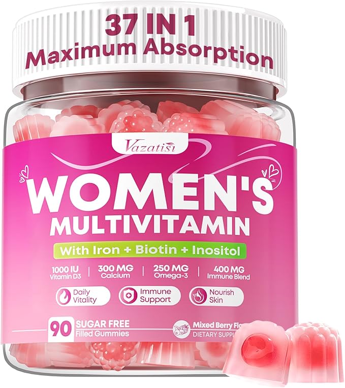 Women's Multivitamin Gummy, Methylated Multivitamin for Women Gummies, Sugar Free Daily Vitamin with Iron, Omega 3, Biotin for Beauty, Immune, Hair & Skin - Vegan, Mixed Berry Flavor, 90 Count