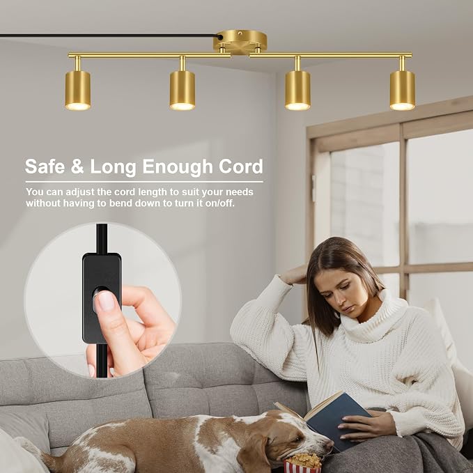 Plug in Track Lighting LED, Track Lighting Fixtures Ceiling Gold, 4-Light Kitchen Light Kit, Plug in Wall Light with 14.8ft Power Cord, Rotatable Ceiling Spotlight for Bedroom(GU10 Socket, NO Bulb)