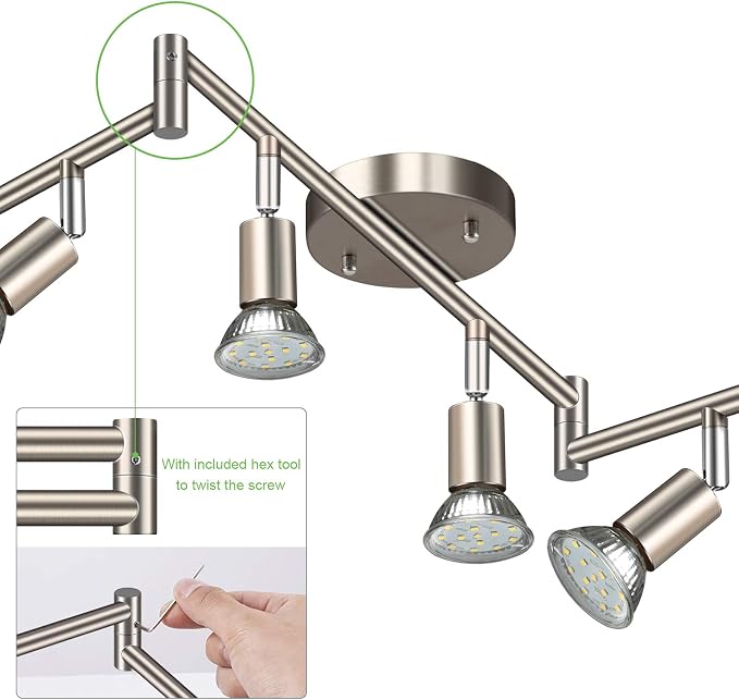 Unicozin LED 6 Light Track Lighting Kit, 46.5'' Matt Nickel 6 Way Ceiling Spot Lighting, Flexibly Rotatable Head, Modern Track Light Included 6 x LED GU10 Bulb (4W, Daylight White 5000K, 400LM)