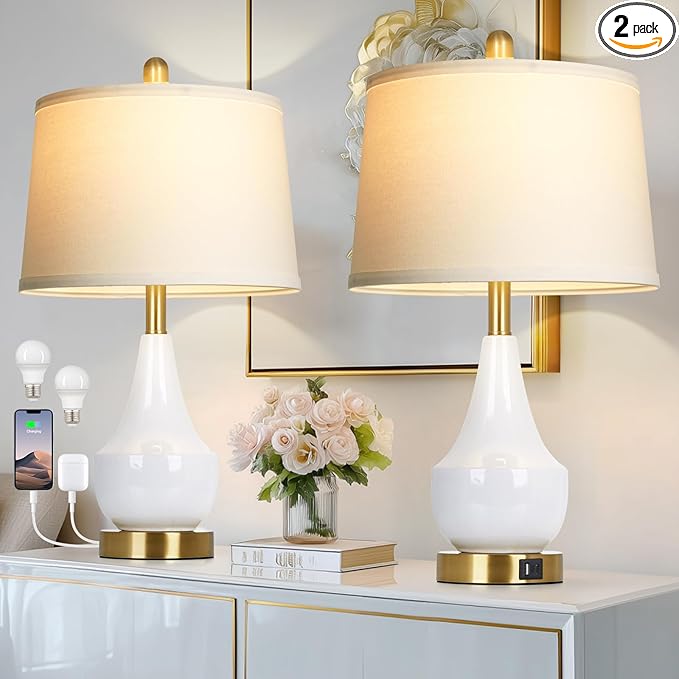 Cinyirong Modern White Table Lamp Set of 2, 24" Ceramic Table Lamp with USB A+C Ports,Classic Beside Lamps Nightstand Lamp Modern Lamp for Living Room, Bedroom & Office -LED Bulbs Included