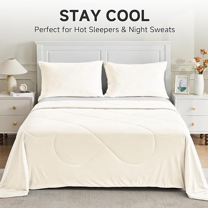 HOMFINE Cooling Comforter Queen Size, Beige Summer Cooling Blanket for Hot Sleepers and Night Sweats, Japanese Double-Sided Cold Tech Fabric Q-Max 0.45, Soft Breathable Silky Smooth Lightweight