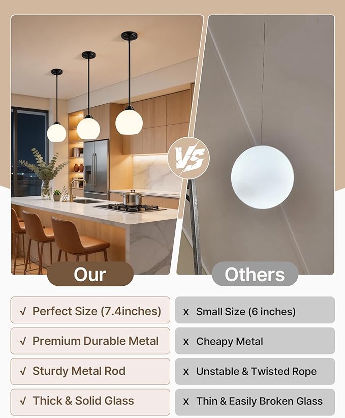 Majade Globe Pendant Lights Mid Century Modern Kitchen Island Pendant Light Fixtures 7.4 Inch Black Brass Pendant Lighting with Milk Glass Adjustable Hanging Light Fixtures for Dining Room living room