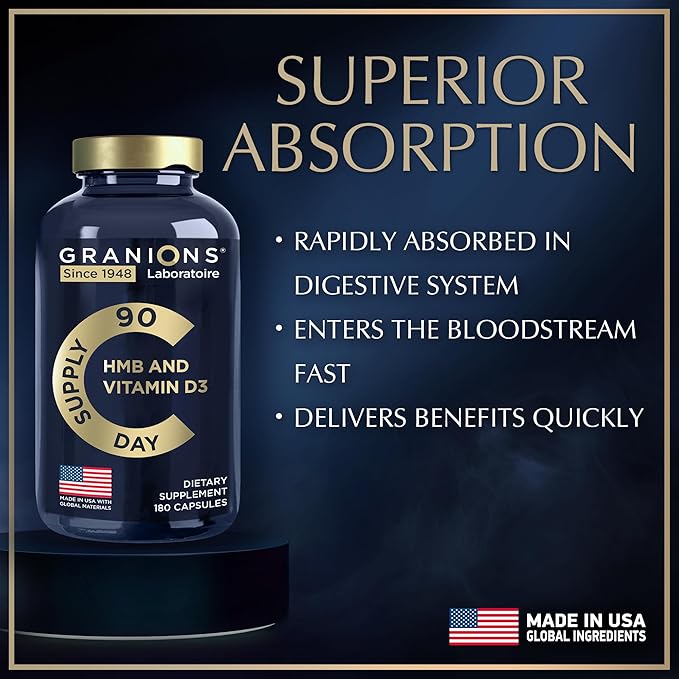 Suppléments de Vitamine D3 et HMB pour Hommes et Femmes - 1 000 mg de bêta-Hydroxy bêta-méthylbutyrate de Calcium par Portion - Soutien Nutritionnel Quotidien pour la Fonction Musculaire et la Santé Osseuse - 3 Mois d'Approvisionnement, 180 Gélules