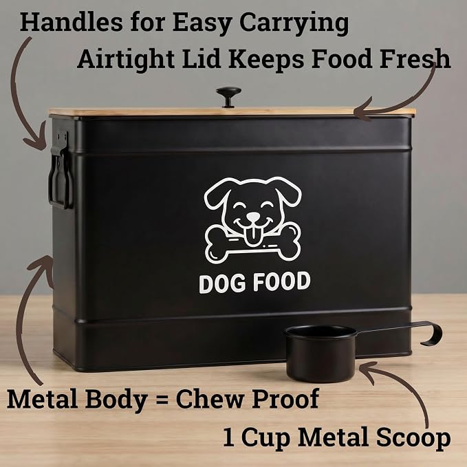 Dog Food Container Airtight 15 lb (50 Cup) Capacity with Metal Scoop - Cute Airtight Dog Food Storage Container with Bamboo Lid - Black Metal Kibble Storage Bin for Dogs up to 100 lbs - Big Pet Jar