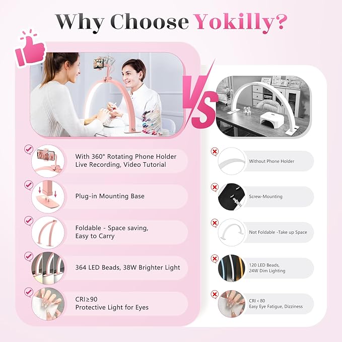 Yokilly Half Moon Light for Nail Desk: 29" Foldable Half Moon Nail Desk Lamp with Phone Holder for Beginner - Arch Tech Light with 3 Color Modes & 10 Brightness for Manicure Salon (Pink)