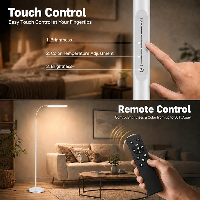 Wio-Mio Floor Lamps, 15w/1000lm Bright LED Floor Lamp with Stepless Adjustable 3000K-6000K Colors and Dimmer, Remote and Touch Control Reading Lamp, Adjustable Floor Lamp for Living Room