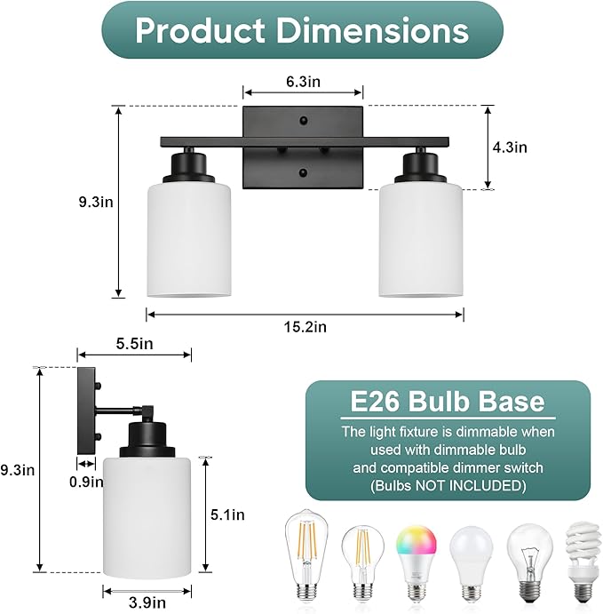 Ascher Bathroom Light Fixtures, 2-Light Vanity Light Over Mirror, Matte Black Wall Sconces with Milky White Frosted Glass Shades, Wall Lamp for Living Room Bedroom, E26 Base(Bulbs Not Included)