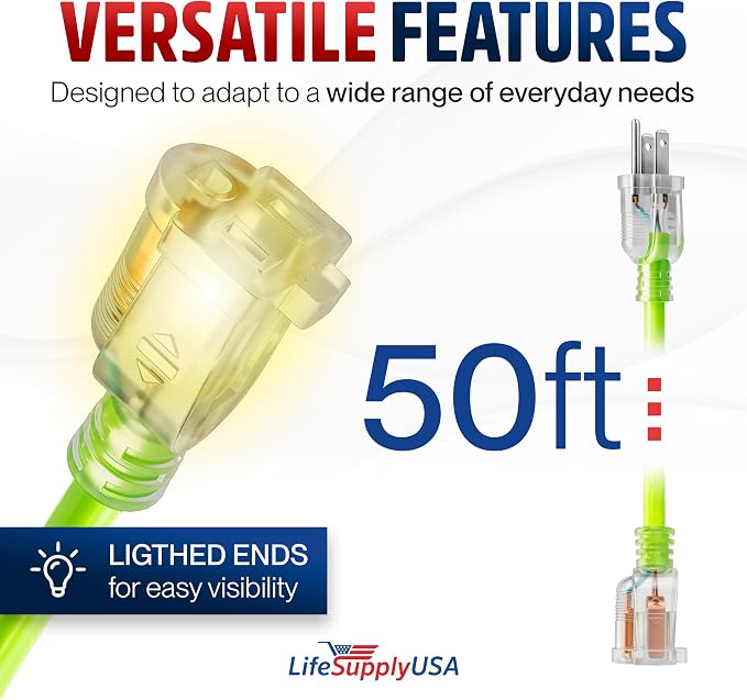 50ft Outdoor/Indoor Extension Cord 12/3 Gauge Extra Heavy Duty 3 Prong SJTW, Waterproof, Flexible Cold-Resistant Long Power Cord, 15A 125V 1875W, Neon Green by LifeSupplyUSA