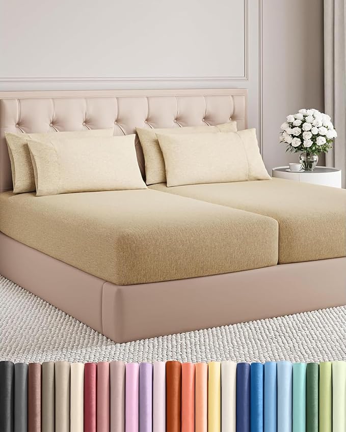 Split King 7 Piece Sheet Set - Comfy Breathable & Cooling - Soft Hotel Luxury Bedding Set w/ 8-16 Inch Deep Pockets - 1 Flat & 2 Fitted Sheet & 4 Pillowcases - Wrinkle Free & Easy Care - Heathered Tan